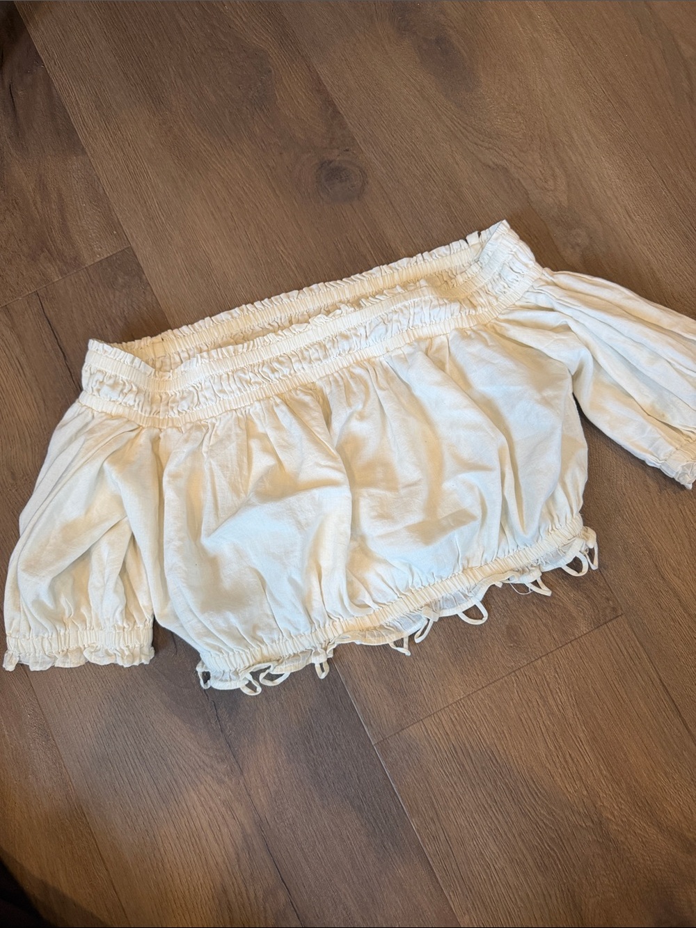 Apiece Apart Cream Off-Shoulder Smocked Crop Top